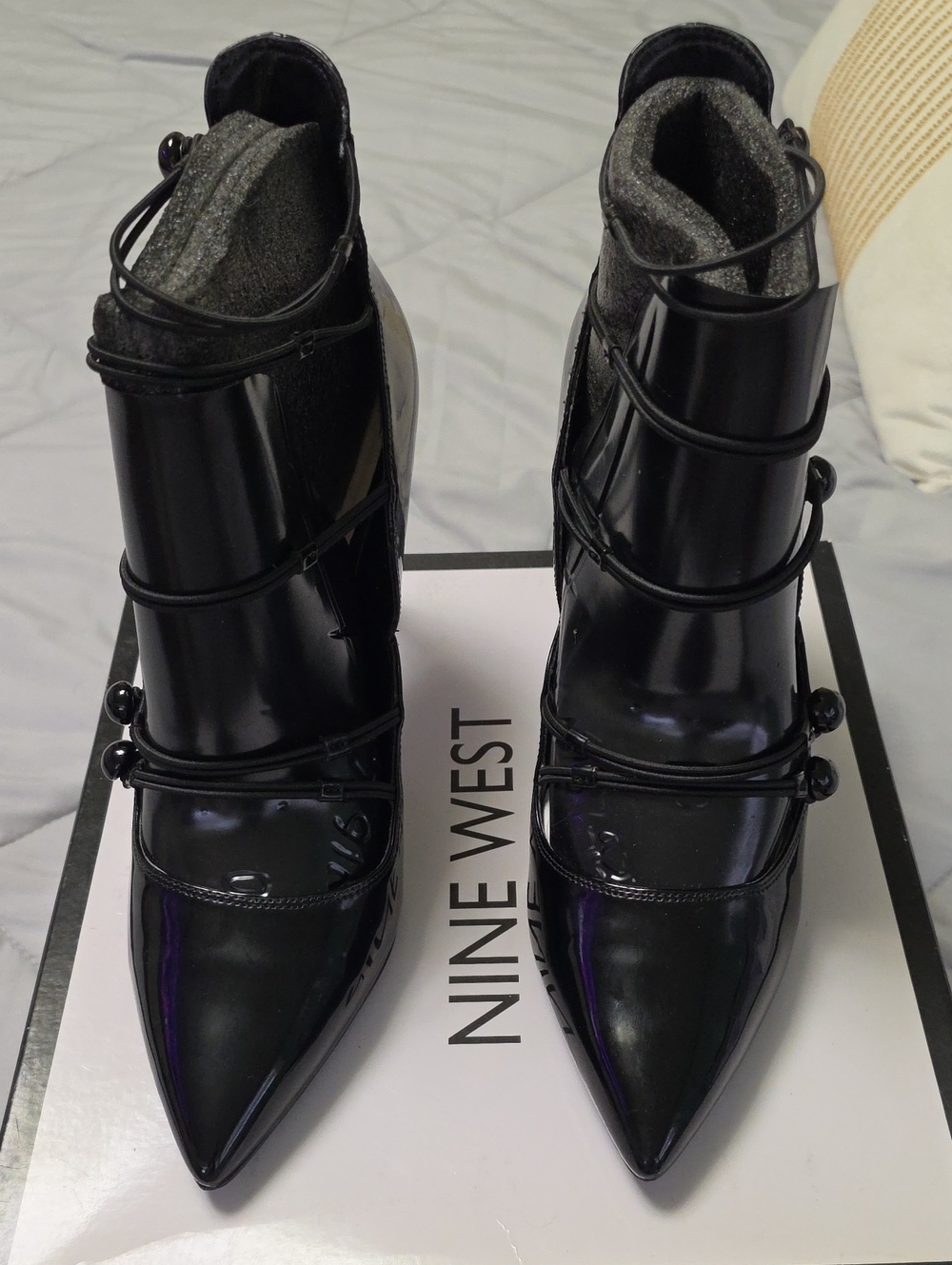 Nine West Black Patent Pointed Ankle Boots with Wrap Straps